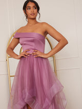 One Shoulder Mesh Skirt Dip Hem Dress in Purple