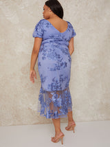 Plus Size Neck Puff Sleeve Embroidered Bodycon Midi Dress in Blue