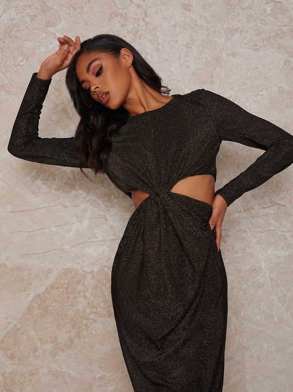 Long Sleeve Cut Out Party Midi Dress in Black