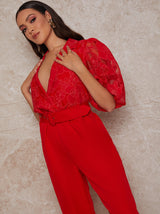 Sheer Floral Texture Balloon Sleeve Jumpsuit in Red