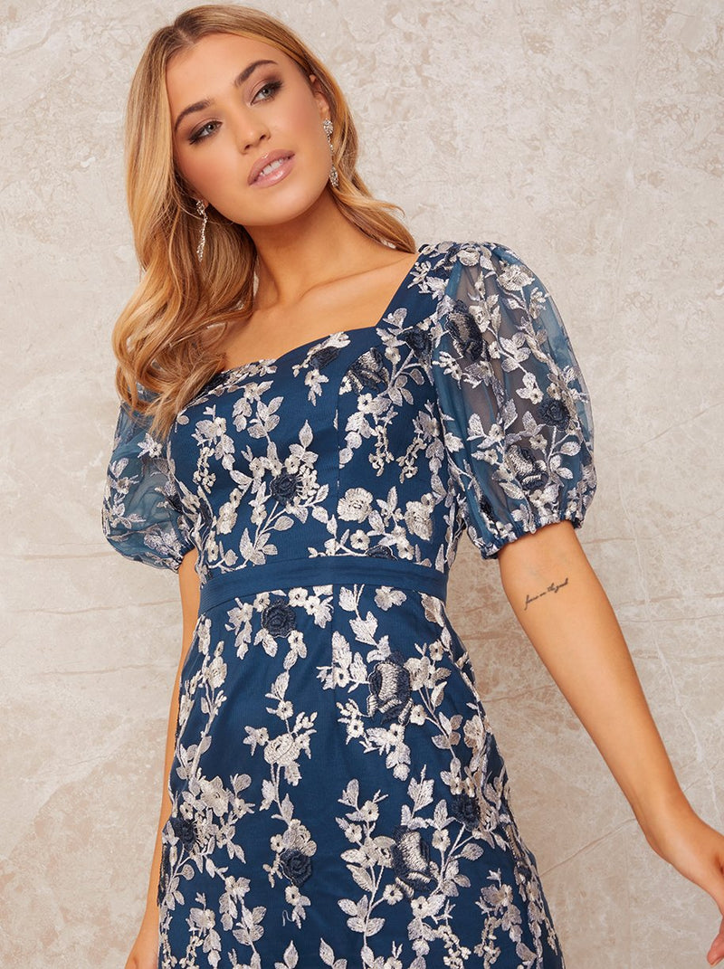 Square Neck Puff Sleeve Embroidered Midi Dress in Teal