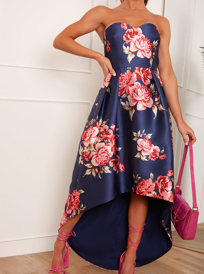 Strapless Floral Printed Dress in Navy