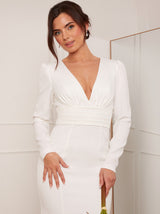Petite Long Sleeve Plunge Open Back Wedding Dress in White