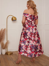 Plus Size Bardot Floral Dip Hem Midi Dress in Pink