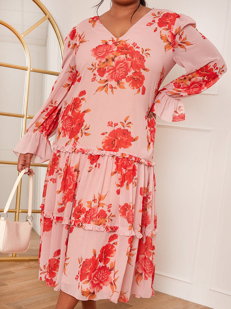 Plus Size Long Sleeve Floral Printed Midi Dress in Pink