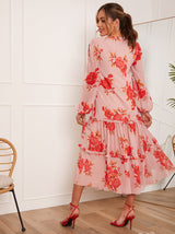 Long Sleeve Floral Printed Midi Dress in Pink