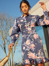 Floral Printed Shirt Dress in Navy