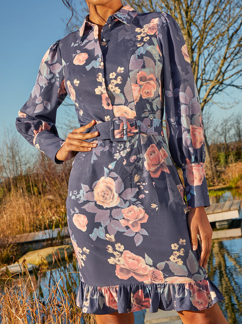Floral Printed Shirt Dress in Navy