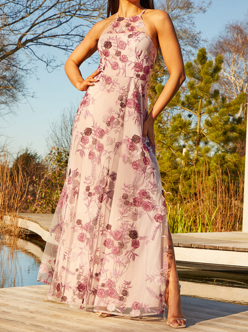 Sleeveless Embroidered Maxi Dress in Pink