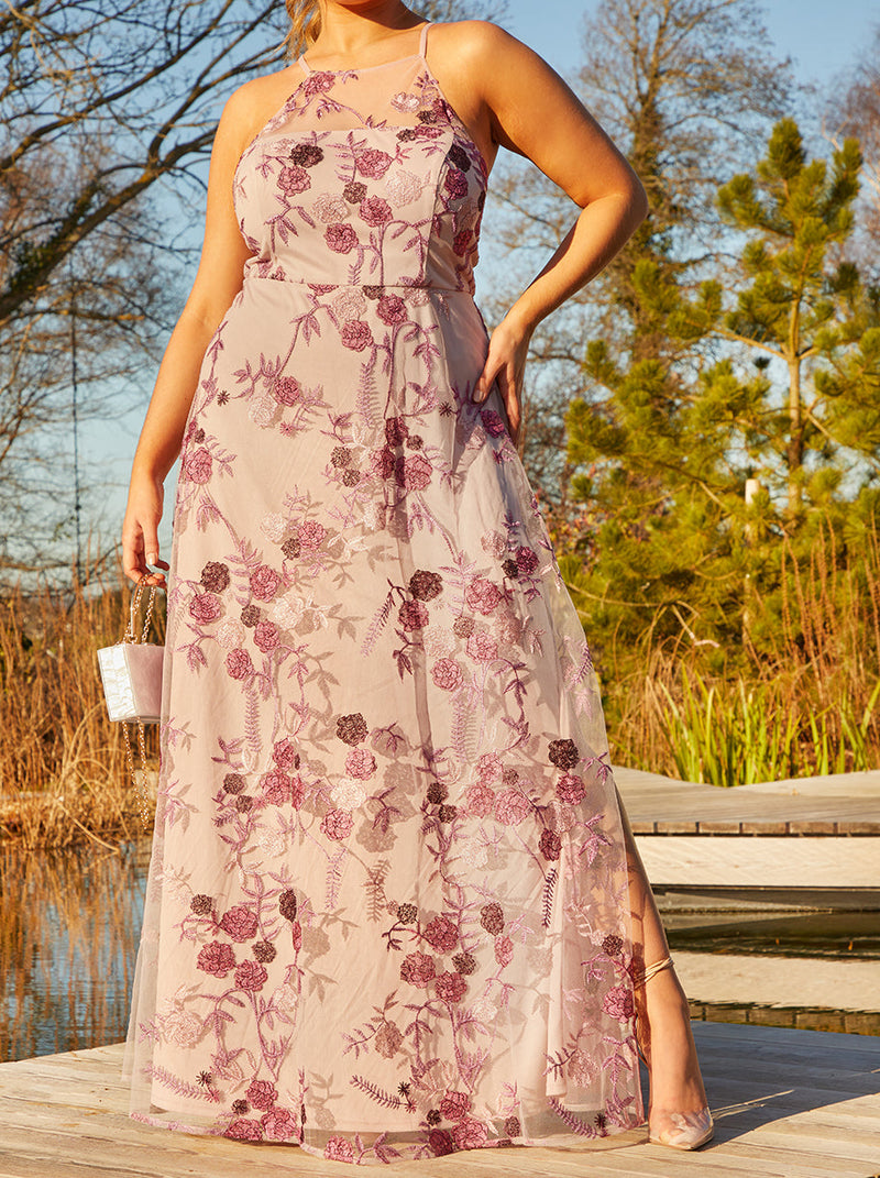 Plus Size Sleeveless Embroidered Maxi Dress in Blush
