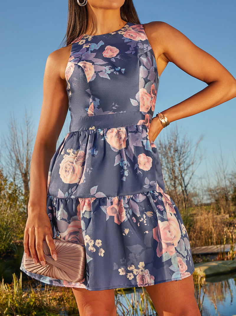Floral Printed Tiered Skirt Mini Dress in Navy