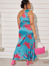Plus Size One Shoulder Floral Printed Midi Dress in Blue