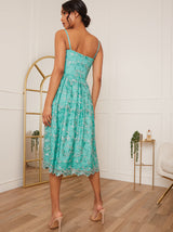 Embroidered Midi Dress with Detachable Straps in Green