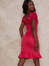 V Neck Embroidered Bodycon Midi Dress in Pink