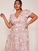 Plus Size Short Sleeve Embroidered Midi Dress in Pink