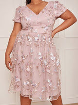 Plus Size Short Sleeve Embroidered Midi Dress in Pink