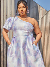 Plus Size One Shoulder Puff Sleeve Midi Dress in Lilac