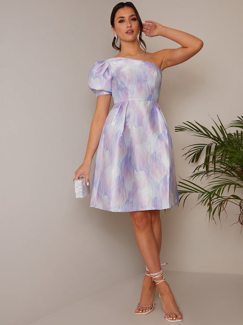 One-Shoulder Puff Sleeve Watercolour Print Dress in Lilac