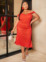 Plus Size Bardot Premium Lace Midi Dress in Red