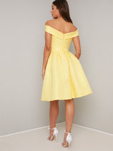 Fold-Over Bardot Pleated Midi Dress in Yellow