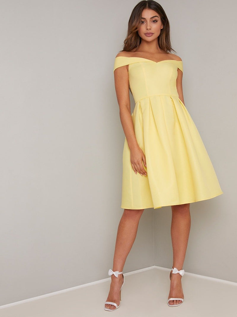 Fold-Over Bardot Pleated Midi Dress in Yellow