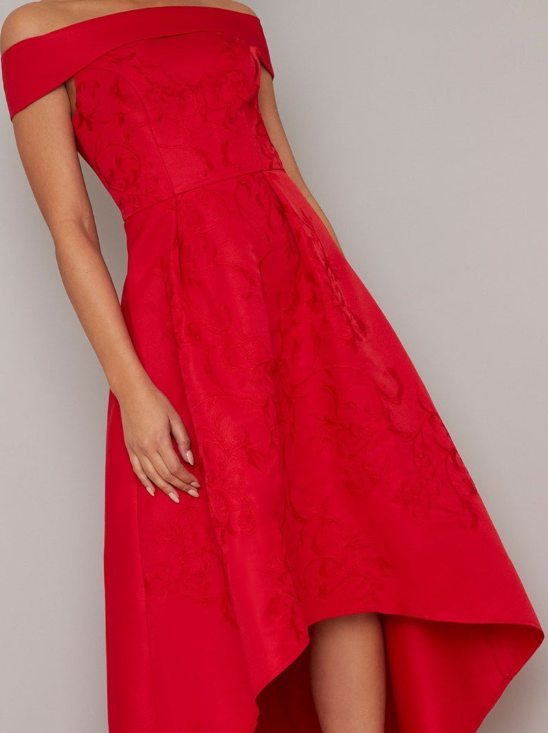 Bardot Neckline Embroidered Midi Dip Hem Dress in Red
