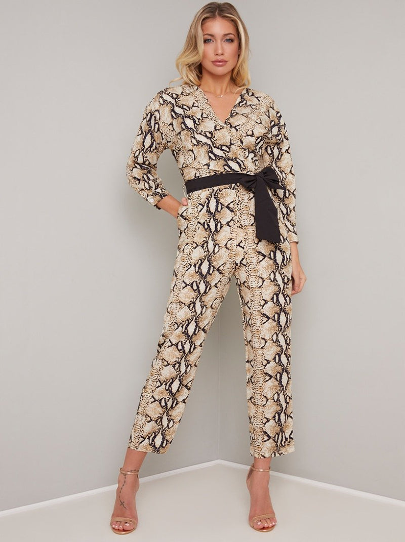 Snakeprint Tie Waist Fitted Jumpsuit in Brown