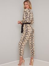 Snakeprint Tie Waist Fitted Jumpsuit in Brown