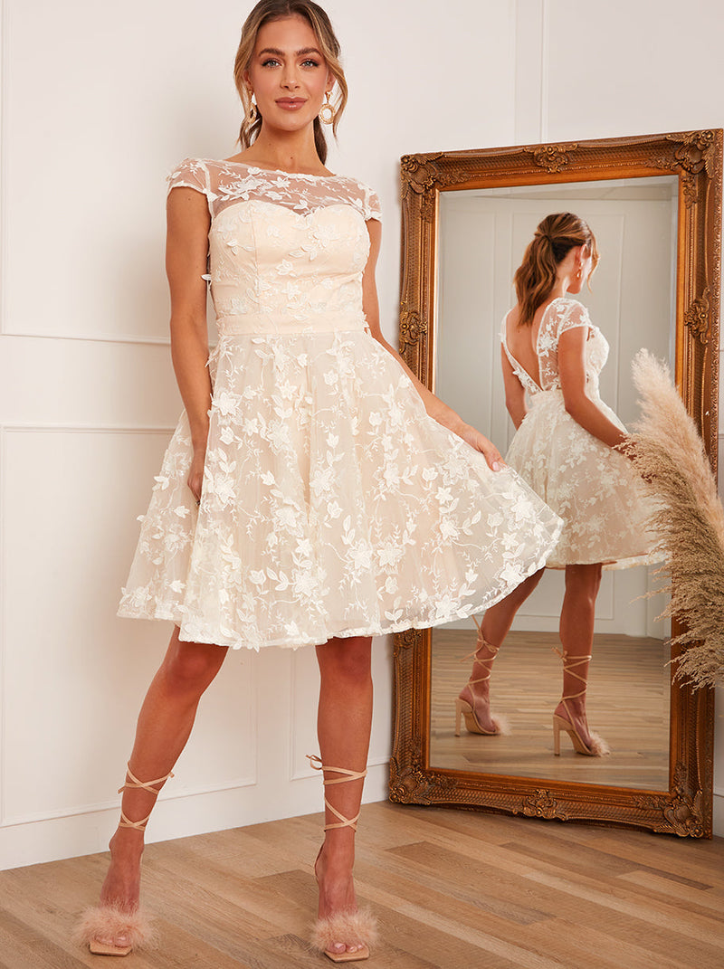 Short Sleeve Embellished Midi Dress in Cream