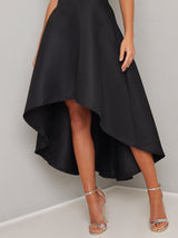 Fold Over Bardot Dip Hem Midi Dress in Black