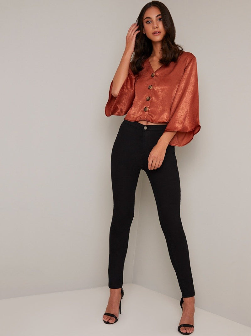Flare Sleeved Silky Button Shirt in Orange