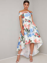 Floral Print Bardot Dip Hem Midi Dress In Multi
