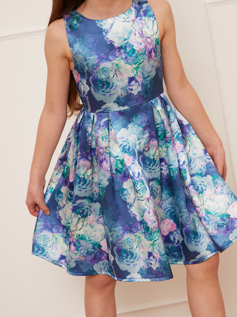 Girls Watercolour Floral Printed Midi Dress in Navy