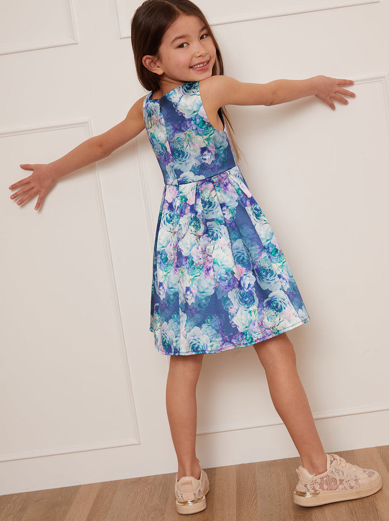 Girls Watercolour Floral Printed Midi Dress in Navy