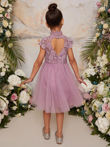 Girls Lace Bodice Cut Out Flower Girl Dress in Lilac