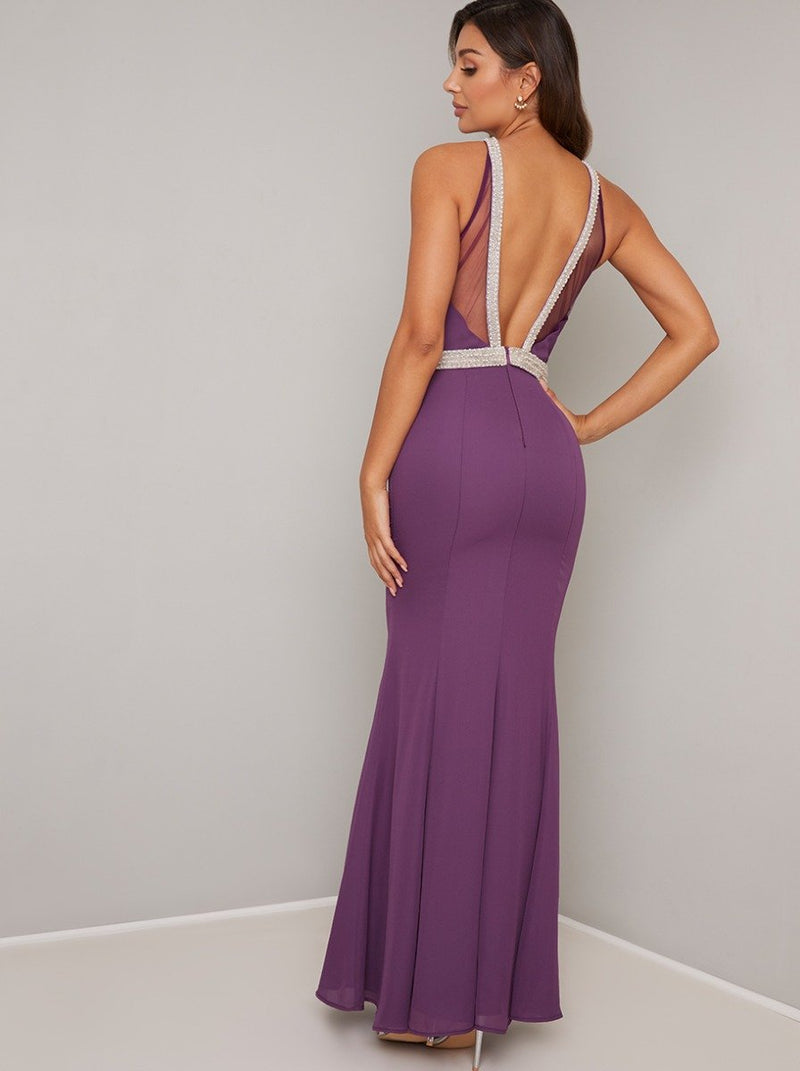 Embellished Beaded Neckline Mesh Back Maxi Dress in Purple