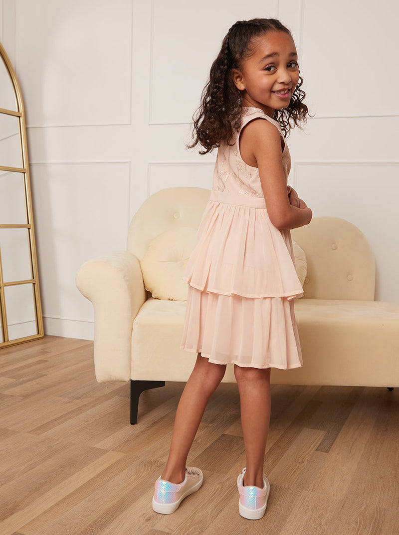 Girls Embroidered Tiered Midi Dress in Champagne