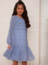 Older Girls Long Sleeve Spot Print Midi Dress in Blue