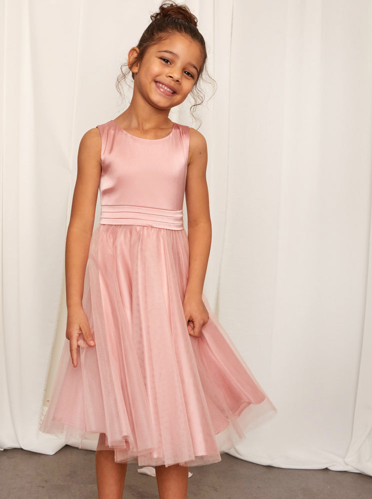 Younger Girls Sleeveless Tulle Midi Dress in Pink