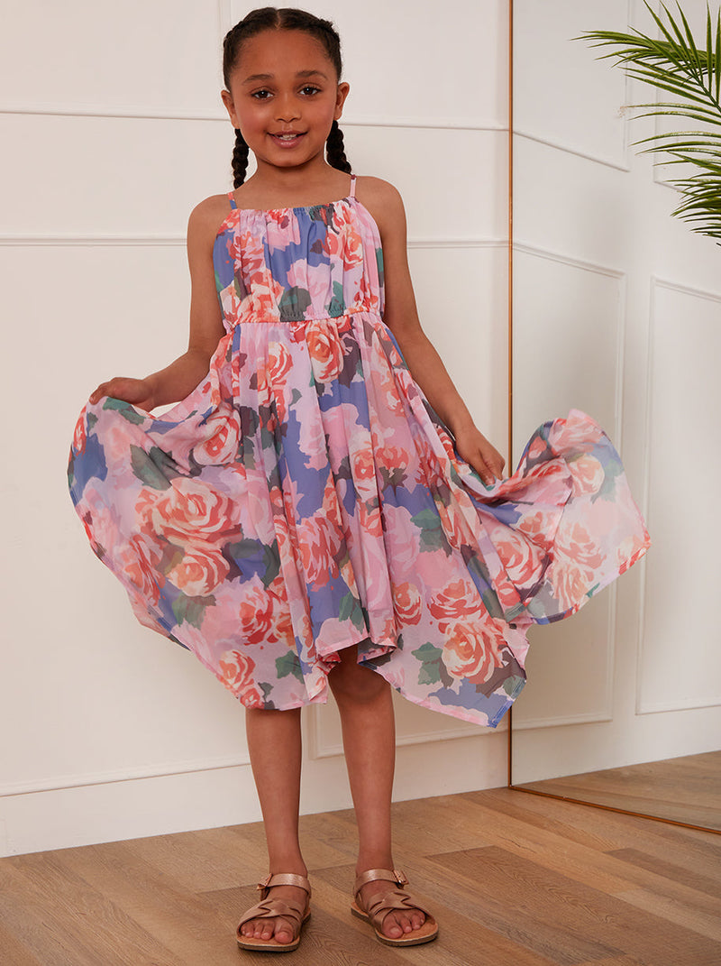 Younger Girls Cami Floral Hanky Hem Midi Dress in Pink