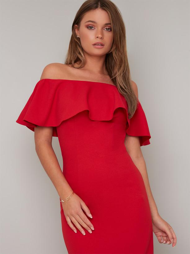 Bandeau Frill Midi Dress in Red