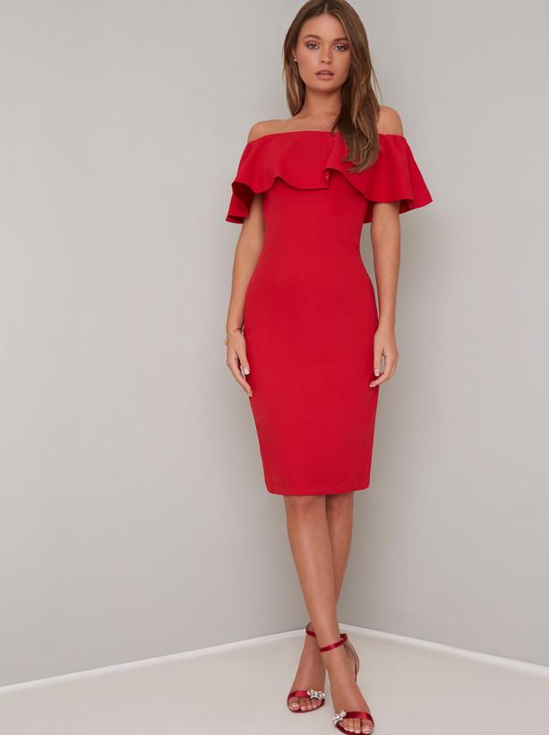 Bandeau Frill Midi Dress in Red