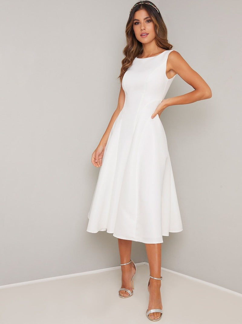 Fitted Bodice Midi Dress in White