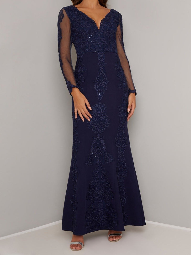 Embroidered Lace Sheer Sleeved Maxi Dress in Blue
