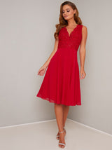 Sequinned Lace Midi Dress in Red