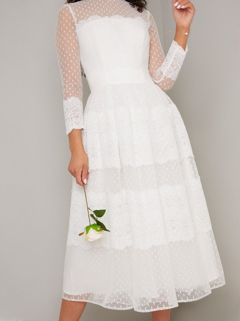 Bridal Lace Embroidered Midi Dress in White