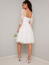 Bridal 3/4 Sleeved Lace Mesh Midi Dress in White