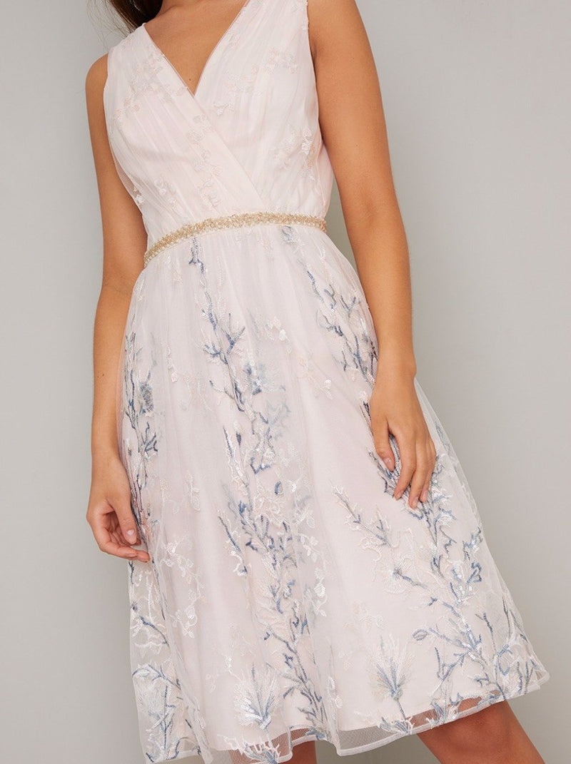 Pastel Embroidered Tulle Midi Dress in Pink