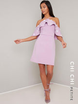 Petite Bardot Frill Mini Dress in Purple