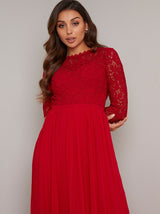 Long Sleeved Lace Bodice Maxi Dress in Red